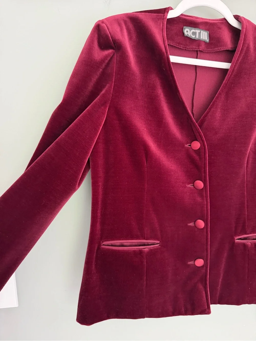 Vintage 80s Act III Burgundy Wine Velvet 4 Button Collarless Blazer Union Made